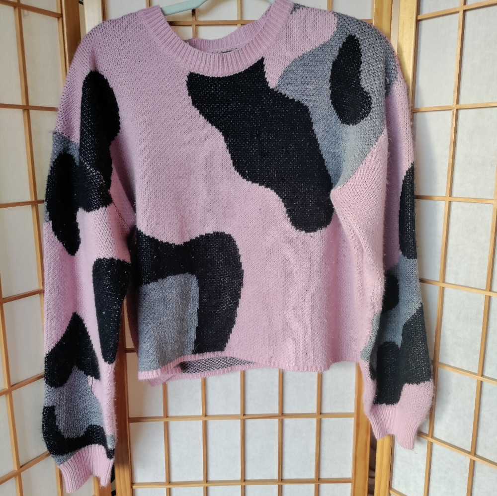 Pink Grey and Black Leopard Print Sweater
